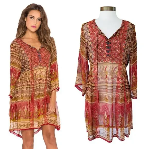 RAGA x Revolve Athena Tunic Mini Dress Embroidered Sheer Fall Floral Size Small - Picture 12 of 12